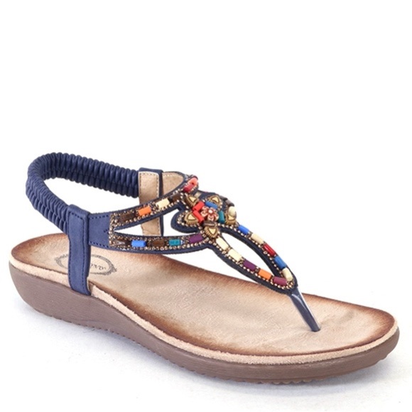 Size 9 Italiana Black Boho Beaded Thong Wedge Sandal - Picture 2 of 3